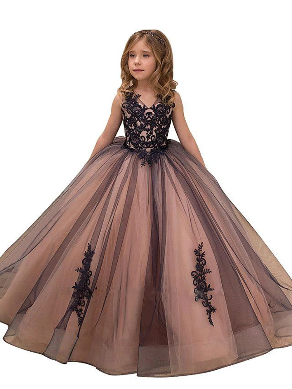 Flower Girl Dresses Black Lace Flower Girl Dresses For Party Elegant Sleeveless Tulle V Neck Girls Pageant Princess Birthday Dress