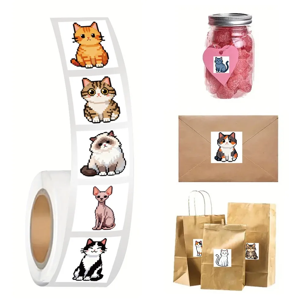 500개/롤 귀여운 픽셀 고양이 스티커 - 노트북 및 DIY 공예 장 사랑스러운 롤형 데칼 페이퍼리 팝 스토어