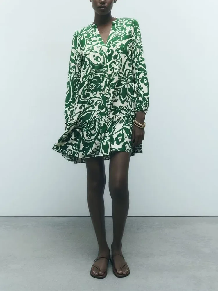 

Autumn new women's fashion European and American versatile trendy loose long-sleeved printed short dress