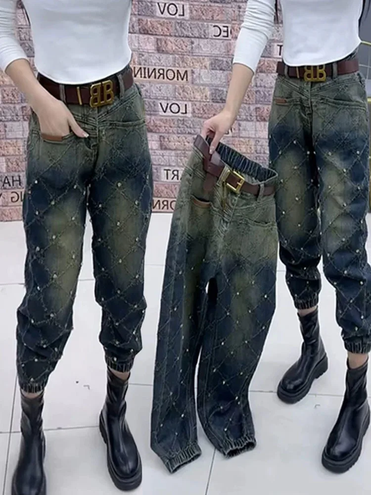 

Женские джинсы со стразами, модные потертые повседневные брюки, подходящие ко всему прямые брюки, лаконичные весенние брюки