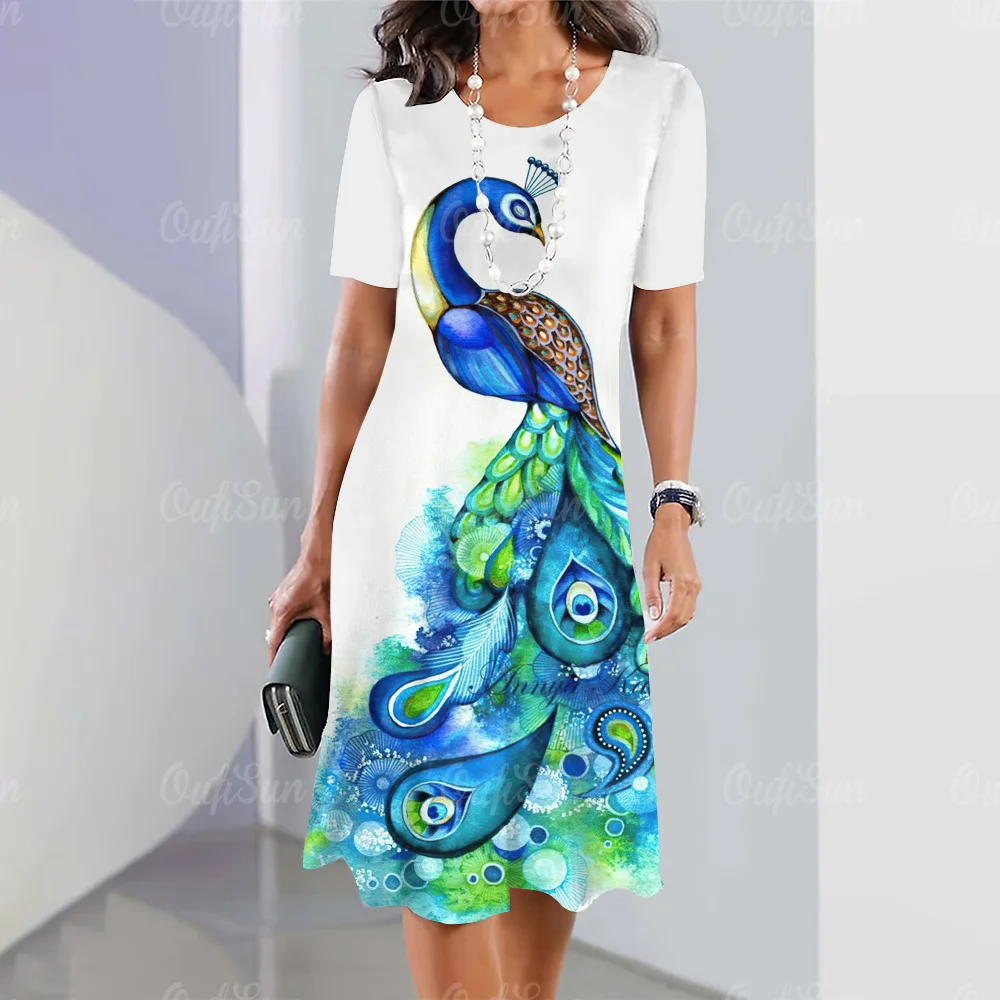 

New Fashion Women's Dresses Peacock Pattern Elegant and Casual O-Neck Short-Sleeved Summer Dresses Big Size Women's Dresses 5xl
