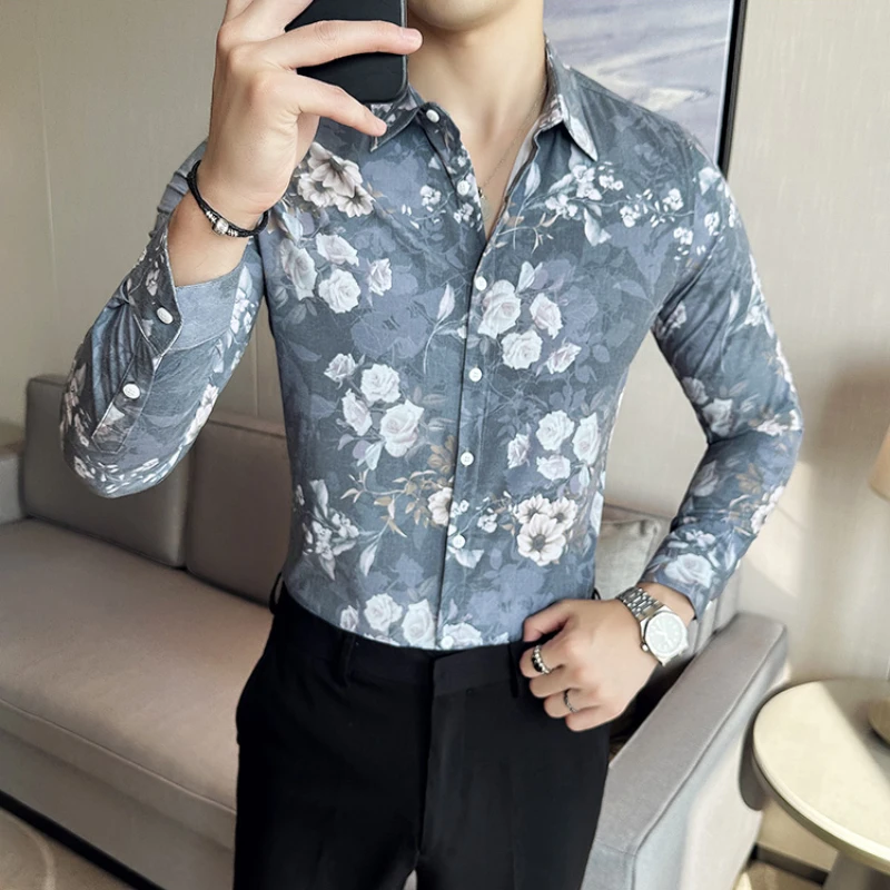 British Floral Shirt for Men Long Sleeve Slim Fit Casual Shirts Fashion Business Formal Dress Shirts Social Party Tuxedo Blouse