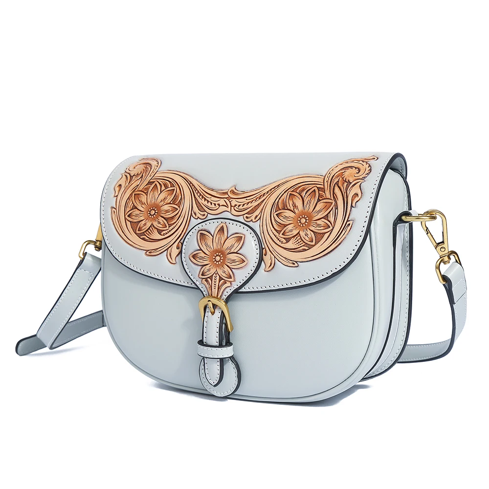 Genuine Leather Women's Bag Handmade Leather Carving Single Shoulder Women's Bag  Ethnic Style Bag  New Crossbody Bag Saddle Bag