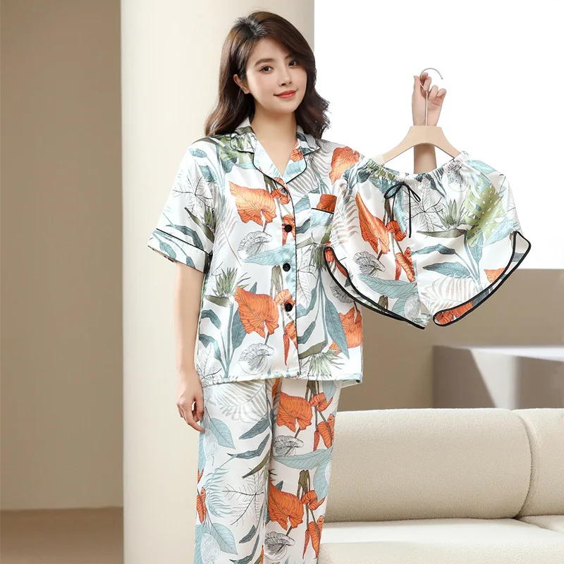 Women's Pajamas Print Pattern Sleepwear Home Furnishing Three Piece Set of Cardigan Top and Pants Thin Imitation Silk Home Suit
