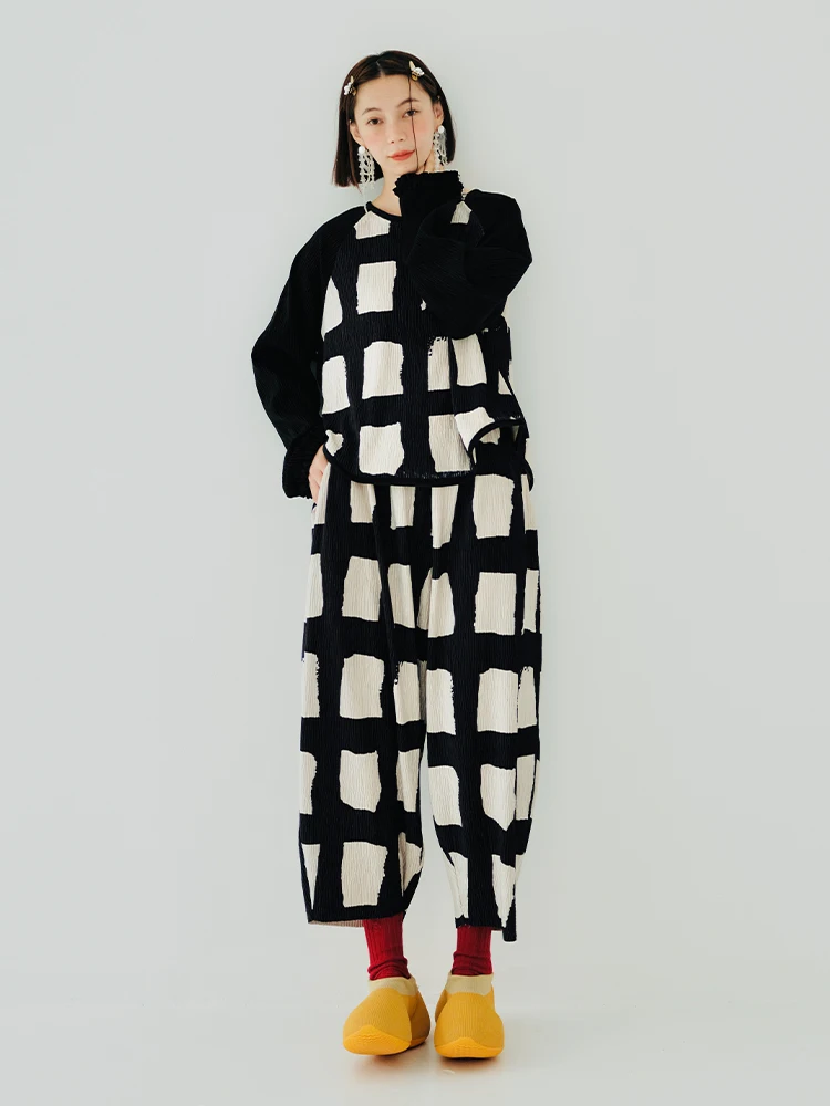 imakokoni's original fall/winter plaid color slacks with elastic waists casual wide-leg pants and nine-point pants women 223893