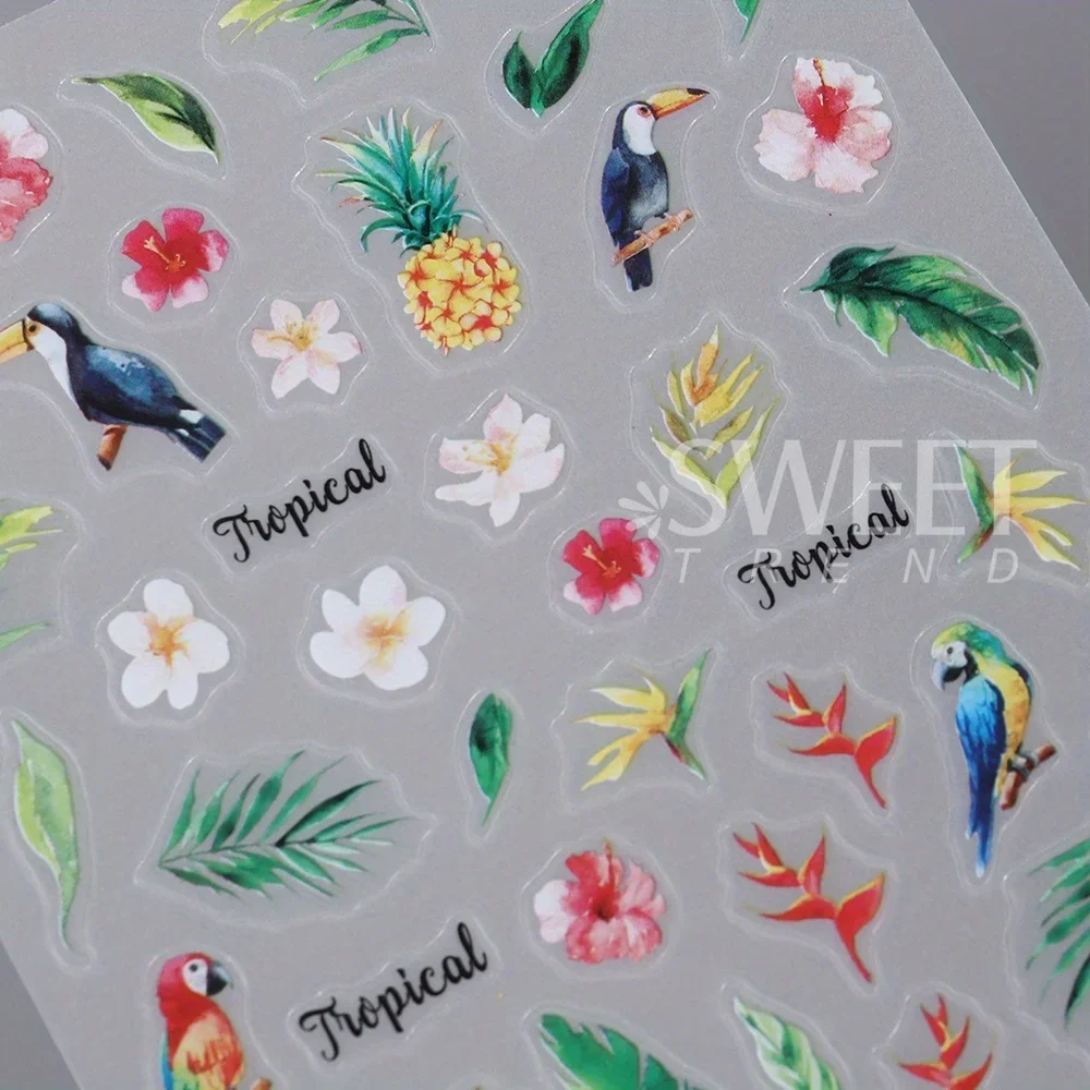 2pcs Tropical Green Leaf Designs Nail Art Stickers Palm Leaves Hibiscus Birds Decals Spring Summer DIY 3D Designs Manicure Tips