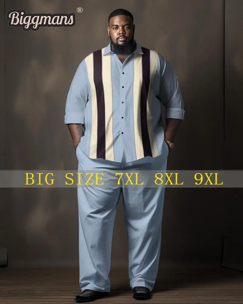 

Biggmans Plus Size for Men's Clothing Casual Plus Size Gentleman Blue Colorblock Lapel Shirt Two-Piece Set 7XL 8XL 9XL Set