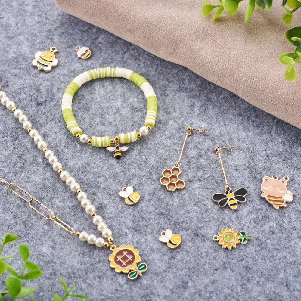 52Pcs Spring Enamel Charms Sunflower Cute Bee Honeycomb Enamel Pendants for Necklace Bracelet Dangle Charms DIY Jewelry Findings