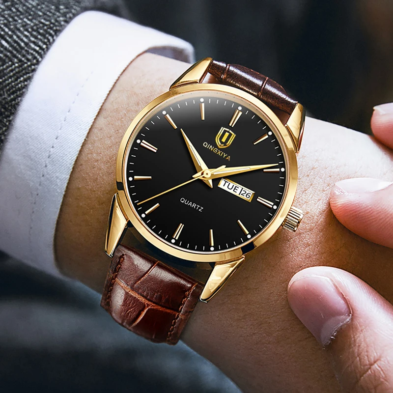 QINGXIYA Business Men Quartz Watch Fashion Leather Strap Waterproof Luminous Week Date Mens Watches Top Brand Luxury Wristwatch