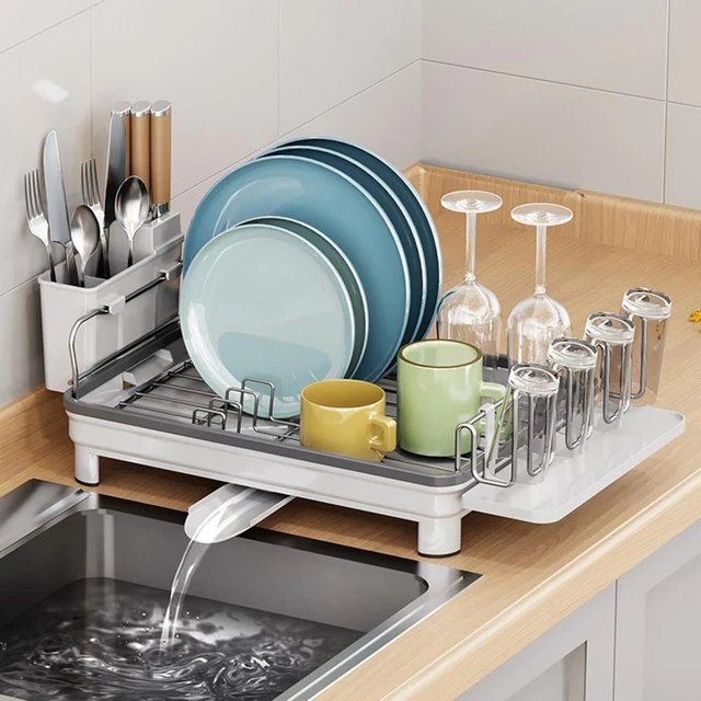 Aluminum Dish Rack with Cutlery Holder Removable Drainer Tray, Silver