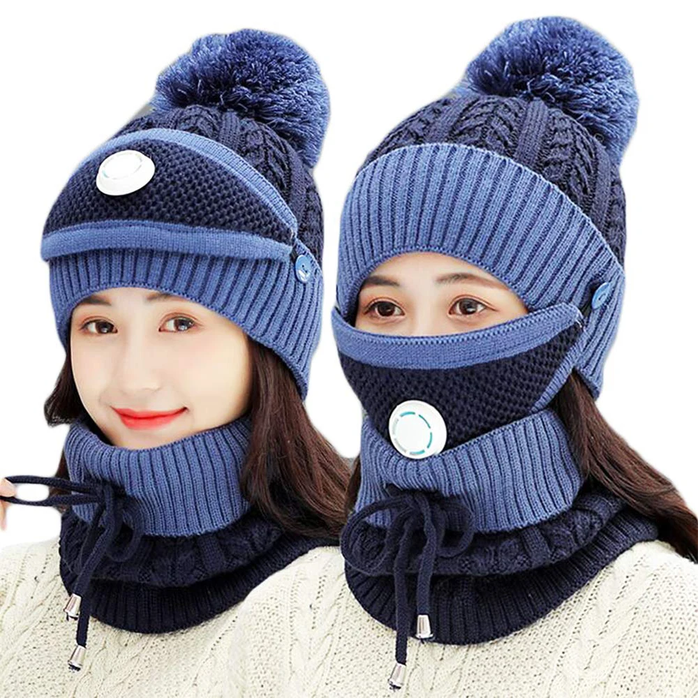 

3 Pieces Set Women's Knitted Hat Scarf mask set Warmer Winter Hat For Ladies Girls Women male Warm windproof Knit Beanie Hats