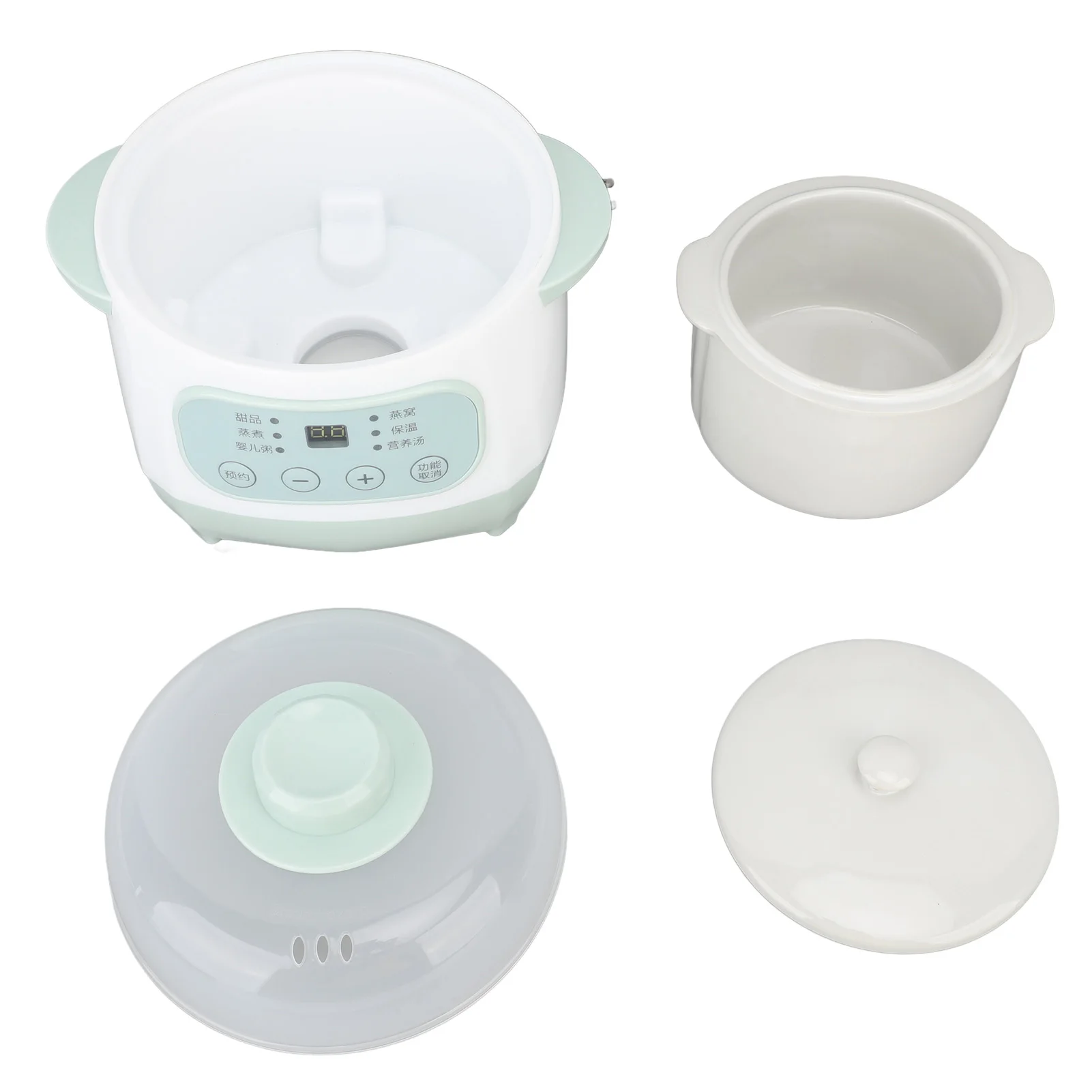 200W 1L Mini Slow Cooker with Ceramic Interior Pot Timing Green Uniform Heating Electric Slow Stew Cooker for Cooking