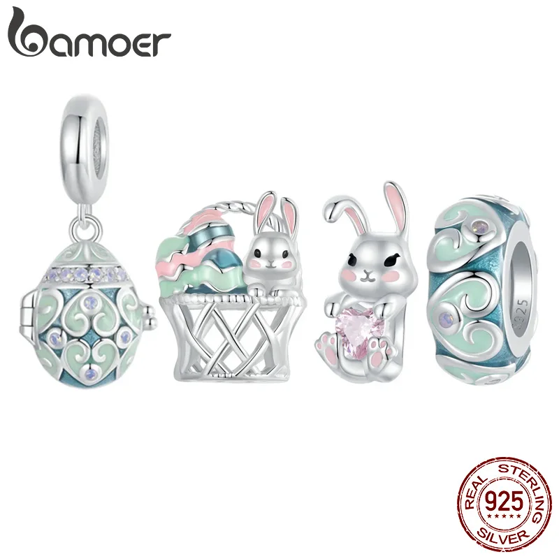 

BAMOER Easter Rabbit Egg Charm Beads for Women Jewelry Making 925 Sterling Silver Charm for Original Bracelet Accessories BSC998