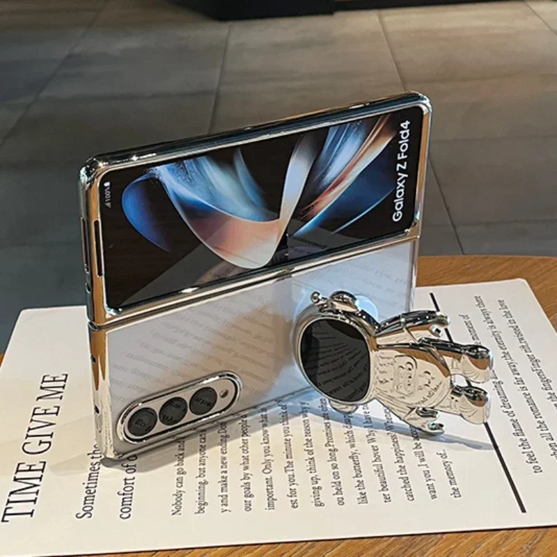 Coque de téléphone transparente électroplaquée astronaute pour Samsung Galaxy Z Fold 6 5 4 3 Fold6 Fold5 Fold4 Fold3 Coque transparente avec béquille_voghion.com