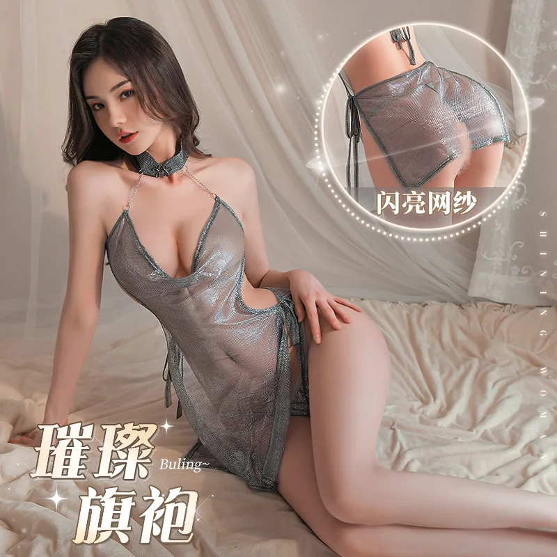 

Woman Sexy Lingerie Erotic Nightclub Party Tulle Strapped Cheongsam Silver Gray Sexy Backless Mini Dress See-through Soft Skirt