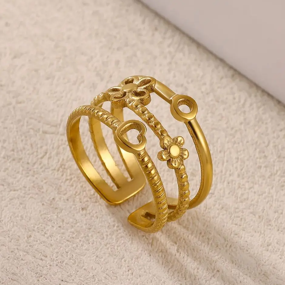 Fashion 3-Layer Stackable Heart Flower Rings Stainless Steel Adjustable