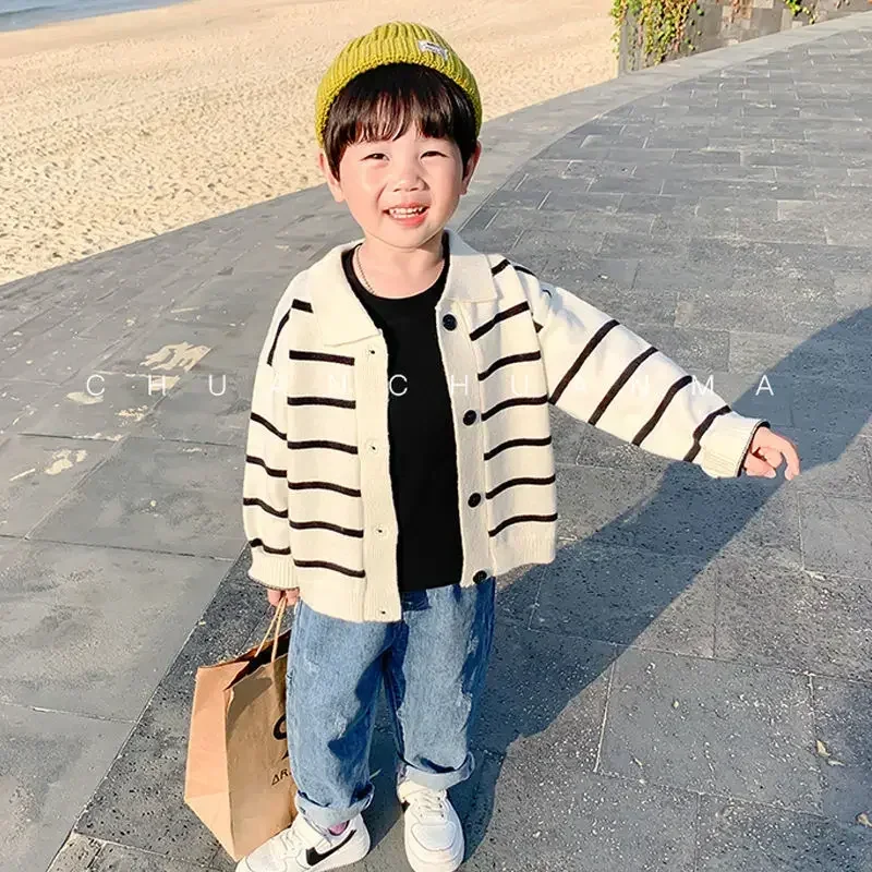 소년 뜨개질 카디건 스웨터 서양식 2022 봄, 가을 새로운 잘 생긴 어린이 얇은 캐주얼 스트라이프 코트