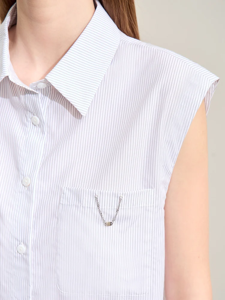 Amii Minimalism 2024 Women Shirt Summer New Commuter Lapel Chain Decoration Stripe Shirt Female Loose Mid-length Blouse 12442245