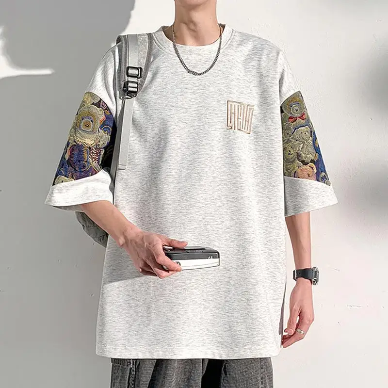 

Summer Chinese embroidery national trend short-sleeved Tshirt for men loose large size Chinese style five-quarter sleeve clothes