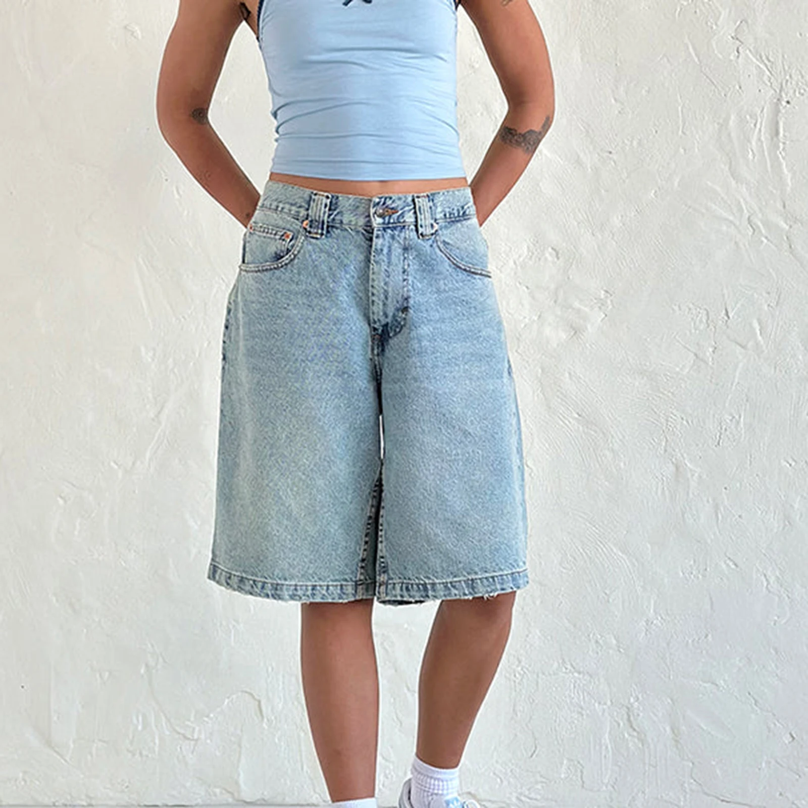 New Fashion Womens Knee Length Denim Shorts Loose Solid Color Low Rise Wide Leg Long Shorts With Pockets For Summer S-2XL