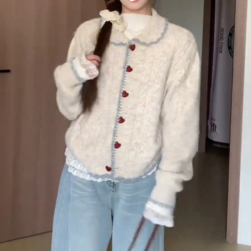 Autumn and Winter Fashion Women's Clothing Love Button Lapel Long-sleeved Sweater Elegant Loose Cardigan Knitwear Casual Top