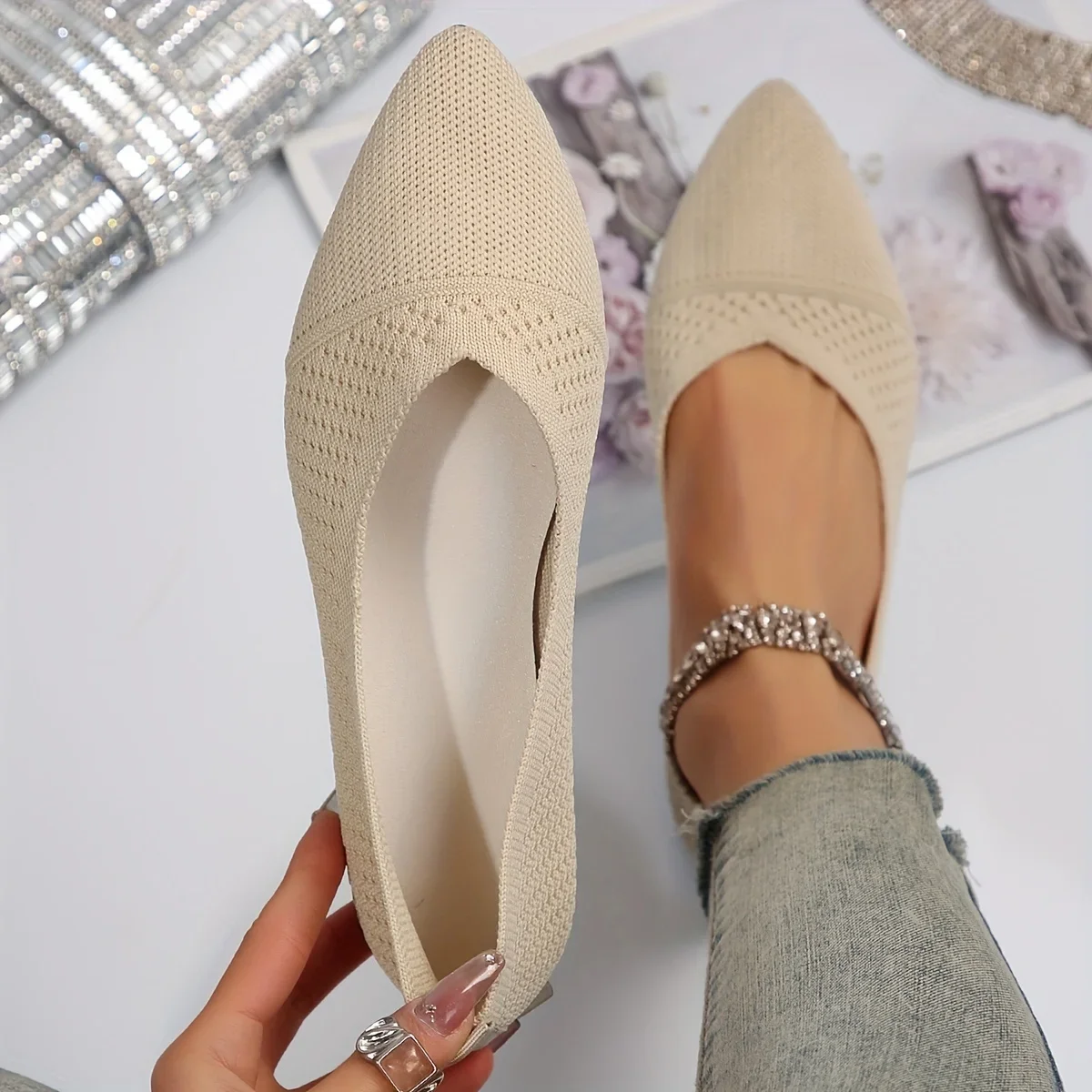 Ladies Shoes Solid Color Knitted Slip on Women's Pointed Toe Flat Shoes Casual Breathable Ballet Women Flat Shoes Loafers Women