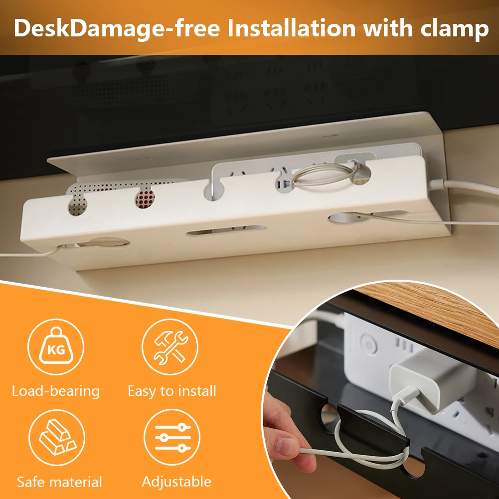 2Pcs Under Desk Cable Management Tray Self Adhesive Cord Organizer No Punching Wire Management Rack for Power Strip Adapter