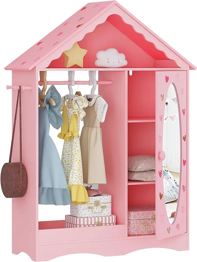 UTEX Kids Dress Up Storage with Mirror, Kids Wardrobe Closet, Dress Up Armoire for Little Girls, Open Hanging Costume Organ