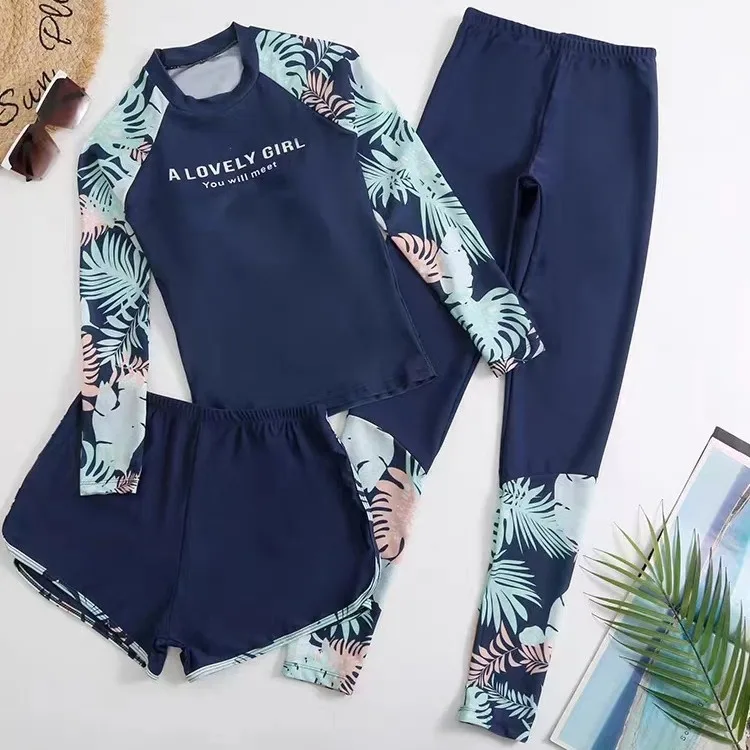 Long Sleeve Surfing Swimsuit Women 3-Piece Diving Clothes Print Swimwear with Shorts Pants Beachwear Bathing Swimming Suit