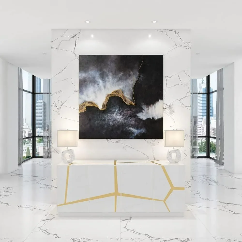 Reception Desks, 78.8" Wide Modern Staton Buffet Glossy White Lacquer with Champagne Gold Embellishments, Desks 2