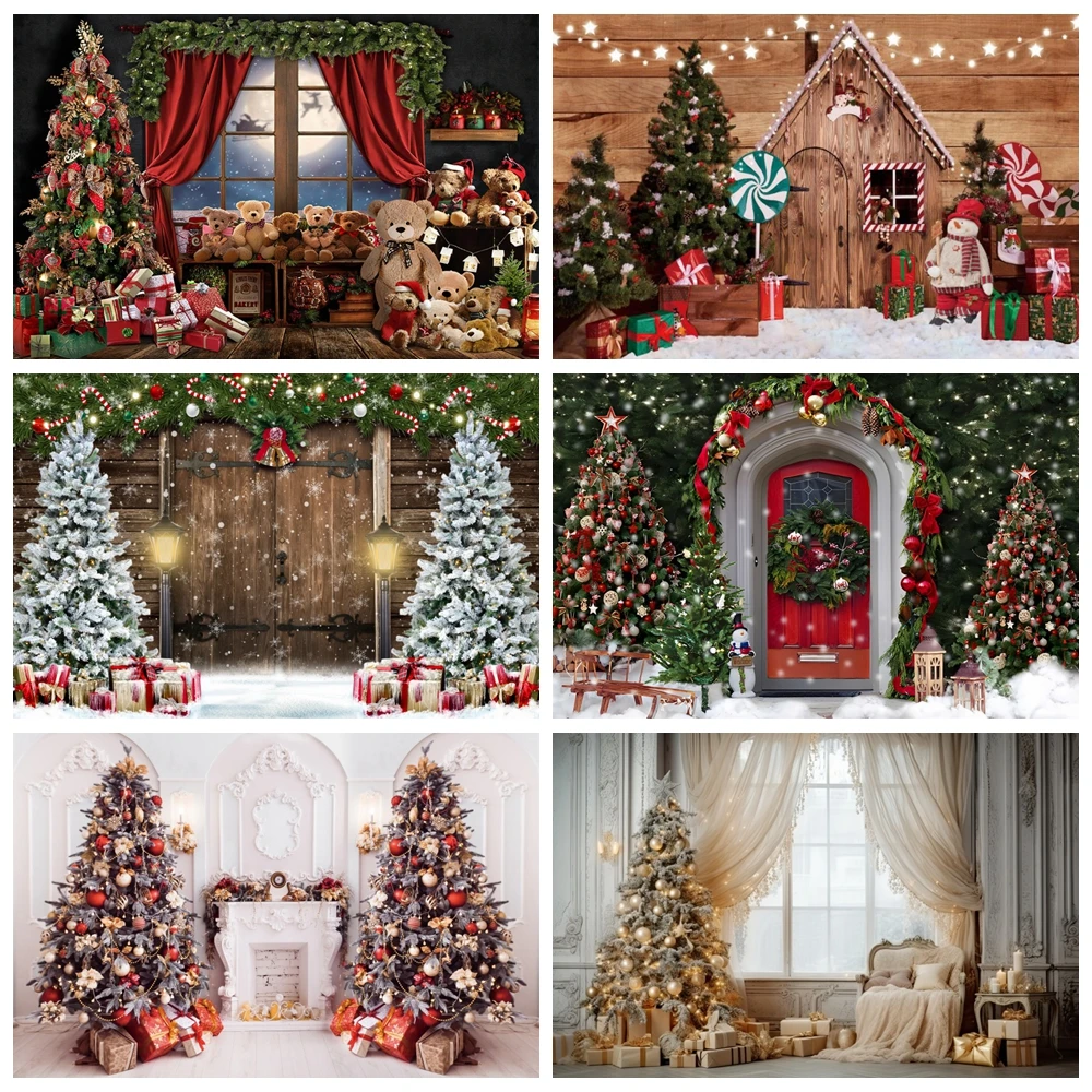 Christmas Party Photo Backdrop Xmas Tree Gift Fireplace Window Wood Door Snowman
