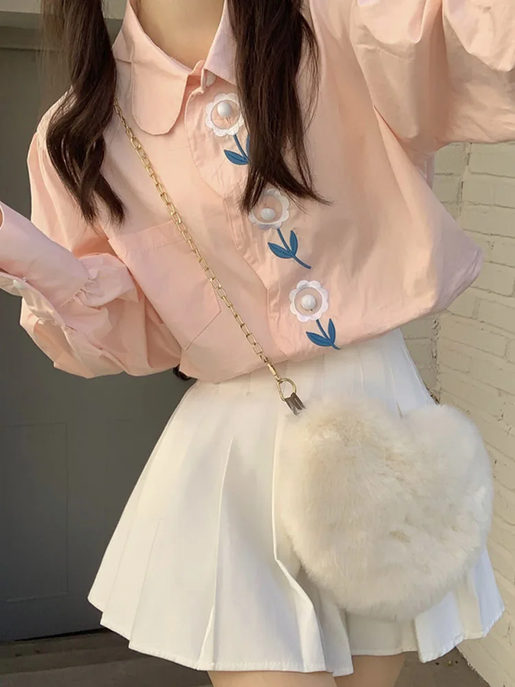 

KIMOKOKM Autumn College Style Childlike Blouses Shirt Sweety Flowers Embroidery Design Kawaii Full Sleeve Cute Pink Shirts