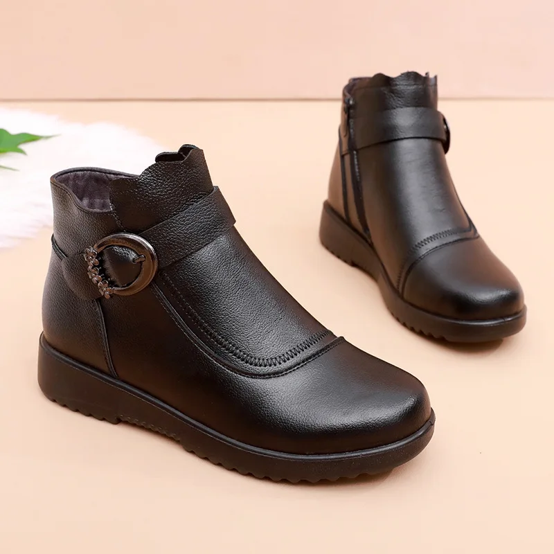 Winter Shoes Women Genuine Leather Wedge Non-slip Ankle Boots Women's Thick Plush Warm Snow Boots Mother Waterproof Booties