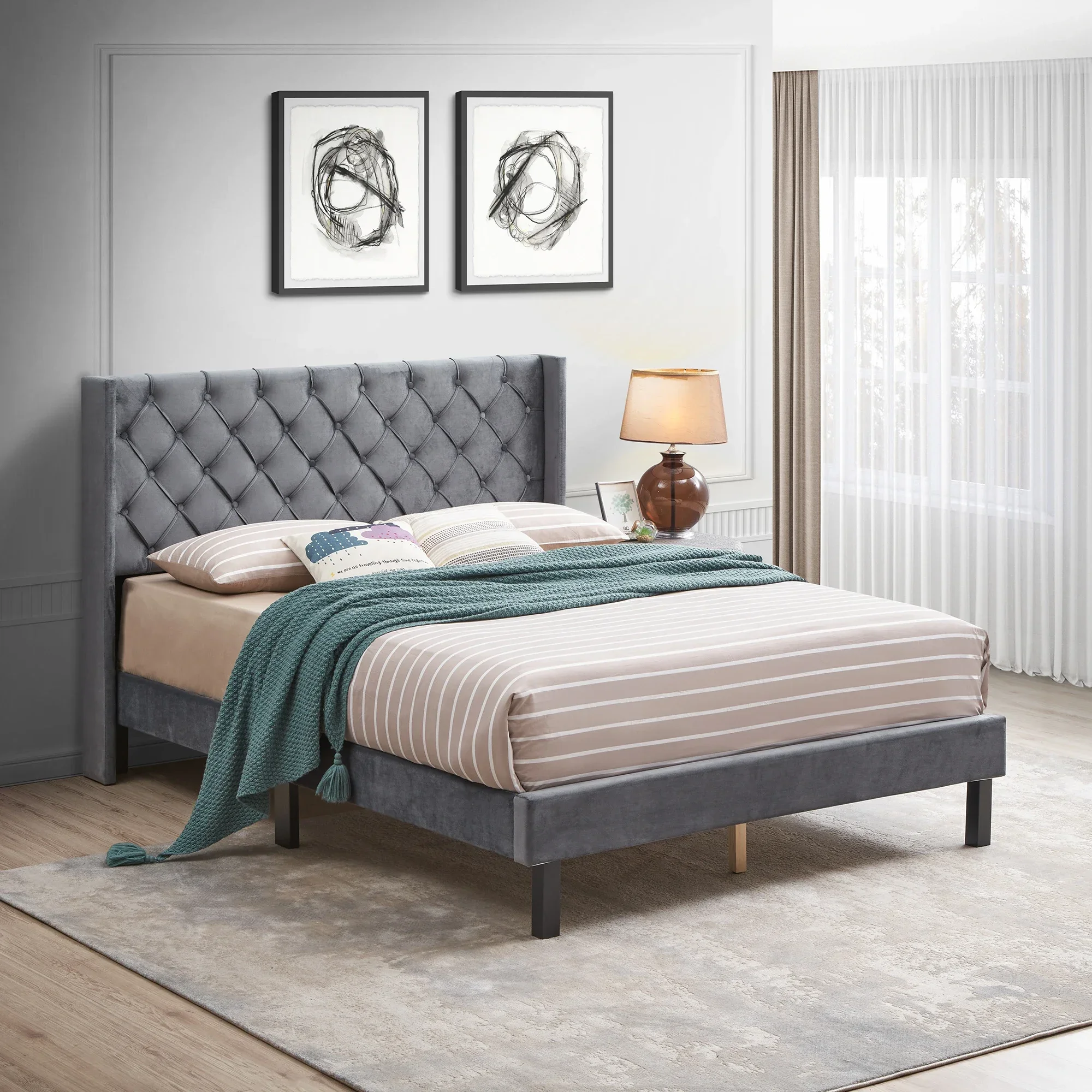 

Velvet Button Tufted-Upholstered Bed with Wings Design - Strong Wood Slat Support - Easy Assembly Gray Platform Bed[US-W]