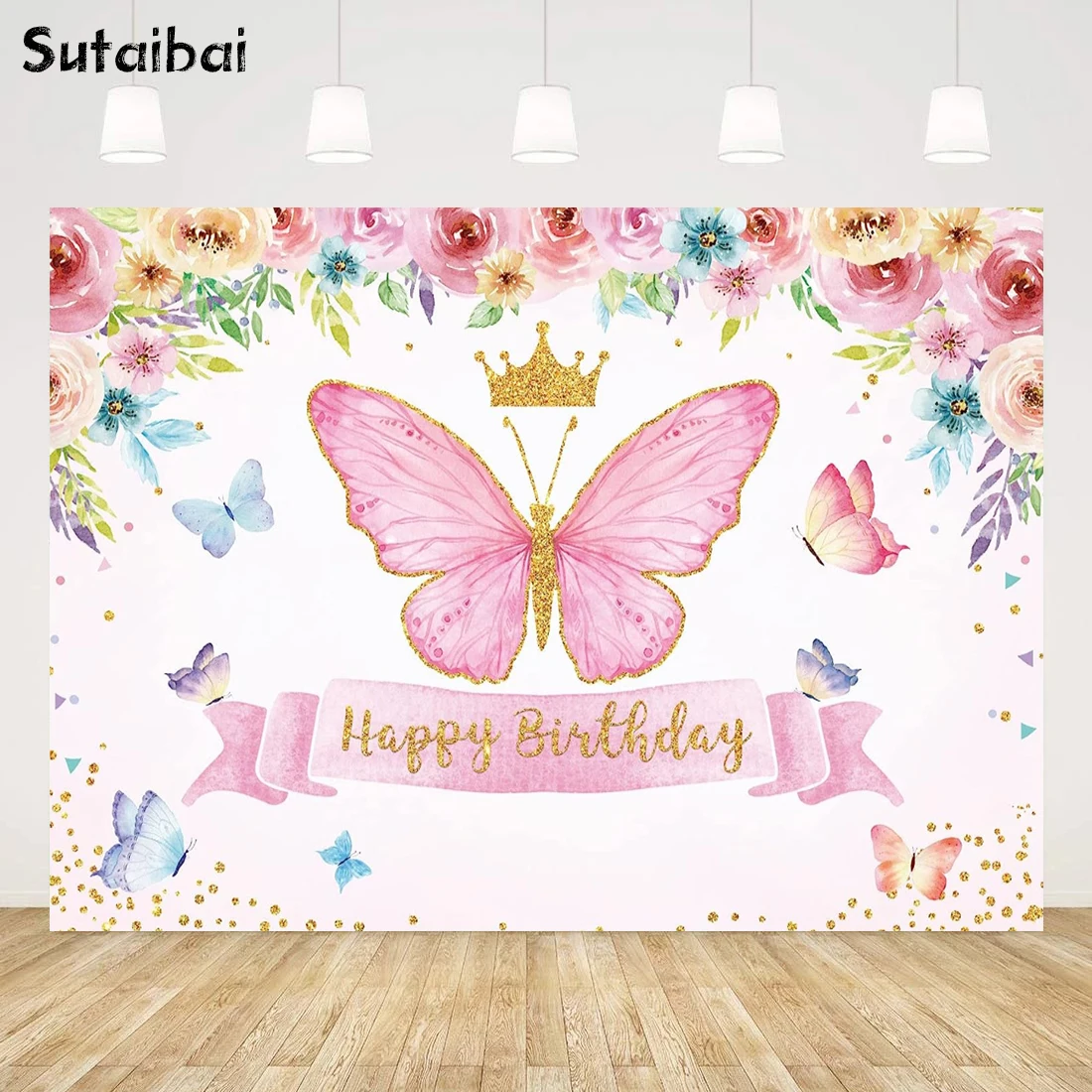 

Happy Birthday Butterfly Party Backdrop Baby Girls Fairy Princess Purple Pink Rose Floral Gold Photography Backdrop Kids Sweet