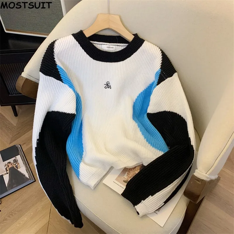 

Fashion Sweater For Women Contrast Color Casual Loose Vintage Pullover Tops 2024 Autumn Winter Long Sleeve O-neck Chic Jumpers