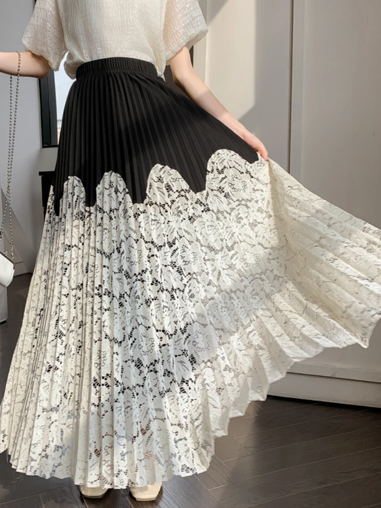 Women A-line High Waist Lace Pleated Long Skirt Color