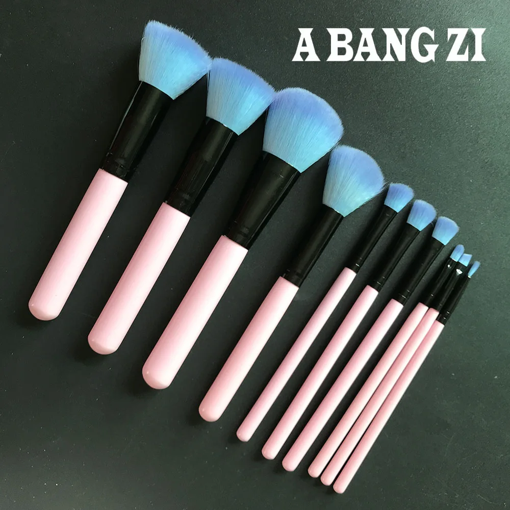 

10pcs pink wooden handle synthetic hair makeup brushes set Free Shipping