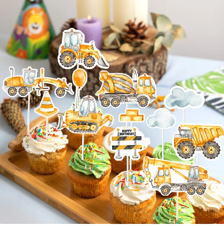 Baumaschinen-Kuchenaufsätze für Geburtstagsfeiern - Bagger und Traktor Cupcake-Topper für Baufahrzeug-Themenpartys – Detail 6