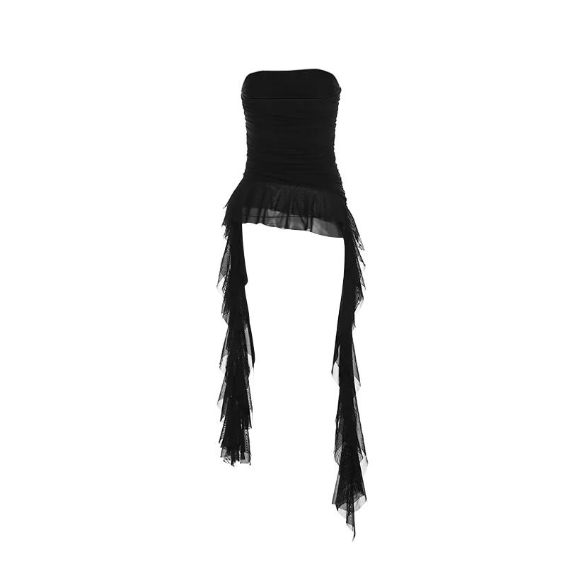 y2k Strapless Top Women Summer Solid Color Off Shoulder Sleeveless Asymmetrical Ruffle Hem Bandeau Vest Streetwear