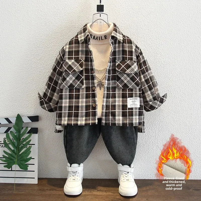 Thickened Fleece Lined Plaid Shirt for Boys Autumn Winter Children's Clothing Baby Outerwear Integrated Velvet Warm Flannel Shir