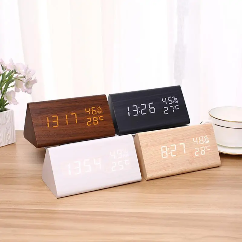 

Wooden Digital Alarm Clock With Humidity & Temperature Voice Control Art Ornaments Decoration Supplies Electronic Desktop Clocks