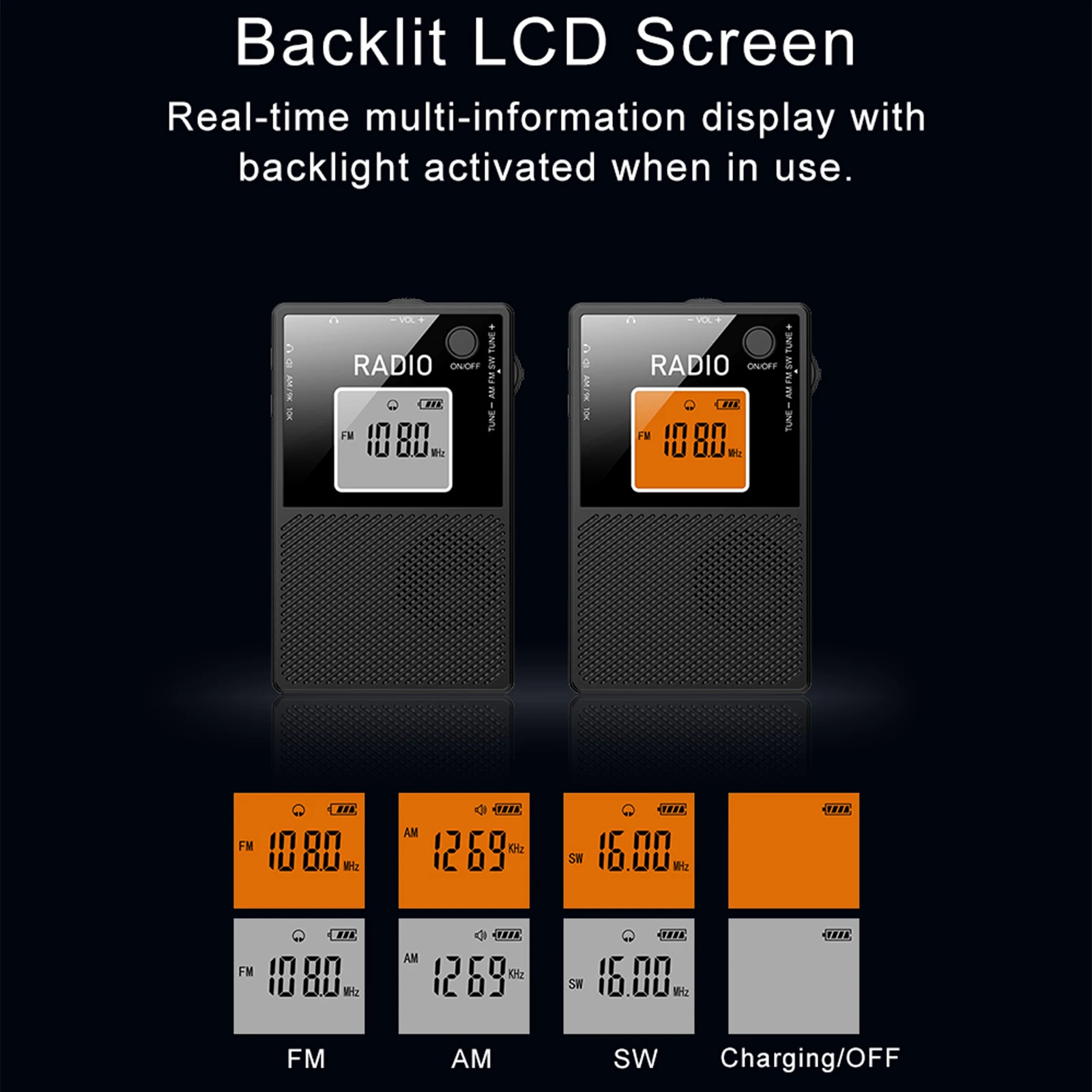 Mini Transistor Radio Rechargable Stereo Sound External Speaker Portable Pocket Radio LCD Backlight Screen Digital Receiver