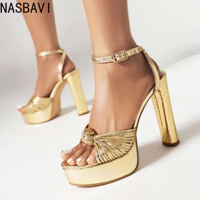NASBAVI femmes bande étroite sandales or plate-forme sandale 12 cm semelle épaisse talons hauts dames sandale été gladiateur femmes chaussures 42 1