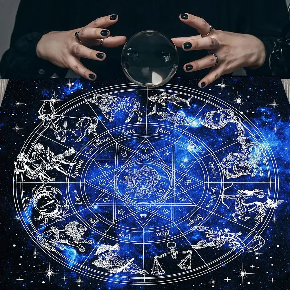 Psychedelic Starry Sky Tarot Tablecloth Altar Cloth Triple Moon Pentagrams Wheel Of The Zodiac Astrology Mandala Tarot Tapestry 2