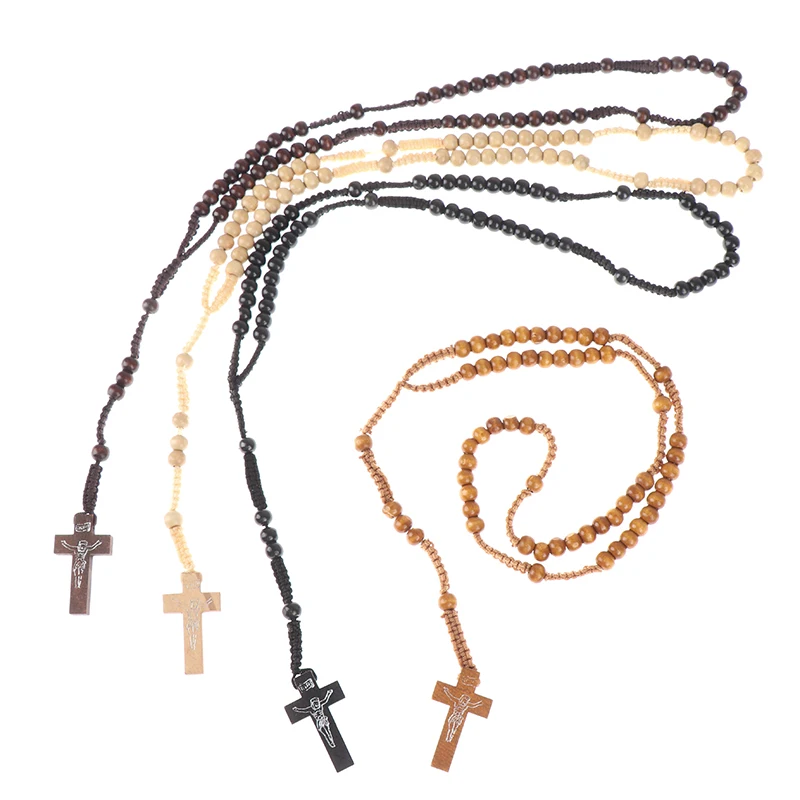 1Pc Christ Jesus Wooden Beads Rosary Bead Cross Pendant Catholic Cross Necklace Souvenirs Gifts catholic rosary necklace wood cross religious ritual accessories