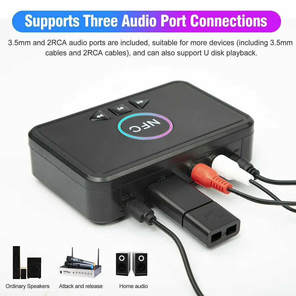 Gtwoilt NFC 5.0 Bluetooth Receiver A2DP AUX 3.5mm RCA Jack USB Smart Playback Stereo Audio Wireless Adapter for Car Kit Speaker