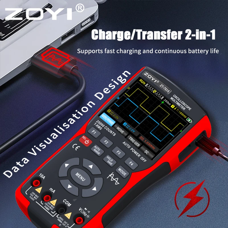 ZOYI ZT703S 3in1 Digital Multimeter 50MHz Bandwidth 280MS Rate PC Waveform Data Storage Dual Oscilloscope Signal Generator 4