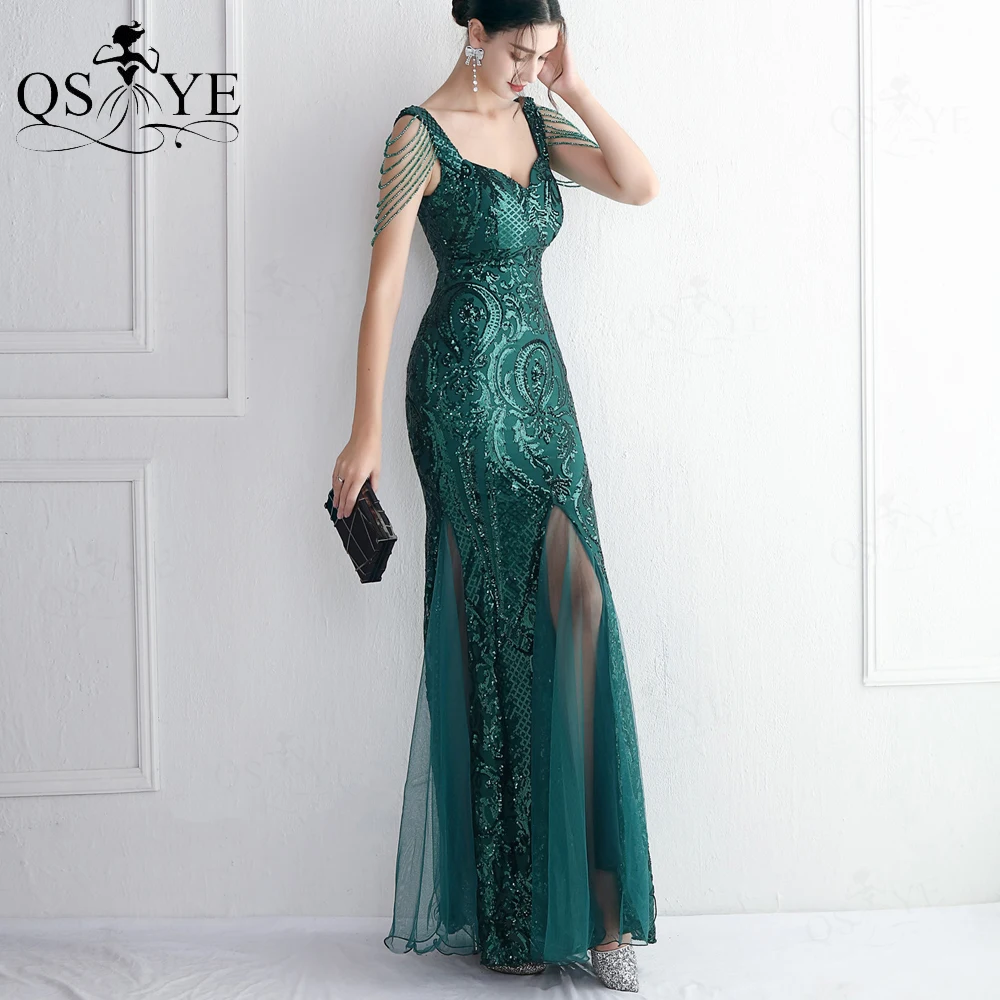 chinese dress ladies Sparkly Dark Green Mermaid Prom Dresses 2023 For Black Girls Golden La –  Simplepromdress main image 0