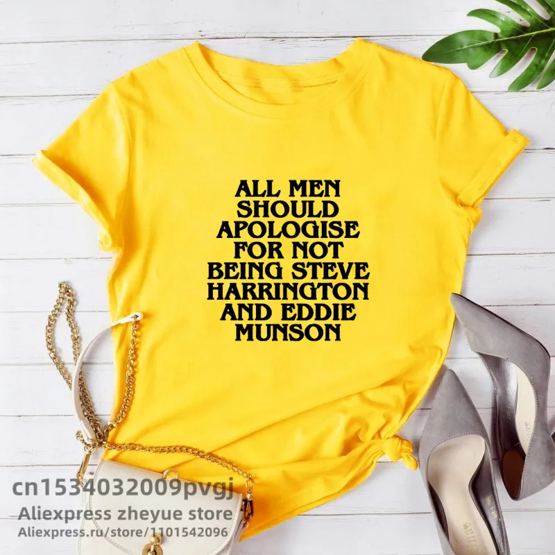 thumbnail image 1 of Camiseta de Eddie Munson Stranger Things con estampado de letras vintage Todos los hombres deberían disculparse Camiseta de cuello redondo Camisetas de verano para mujer, 1 of 5